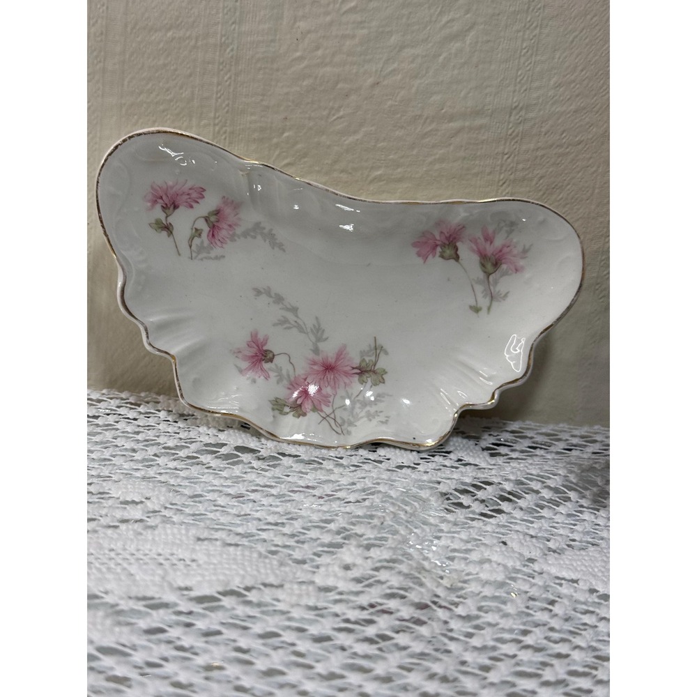 Antique Johnson Bros Royal Semi-Porcelain Crescent Bone Dish Pink Floral 6 1/4"